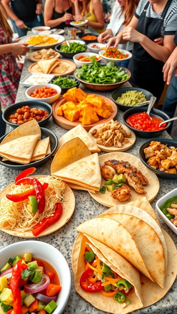 A quesadilla bar with tortillas, cheese, grilled chicken, vegetables, and toppings for a customizable meal.